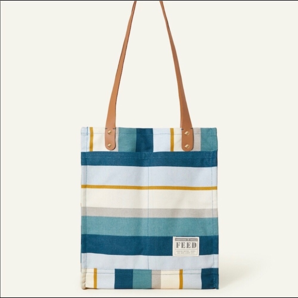 NEW FEED Blue Coastal Stripe Canvas Market Tote Bag
